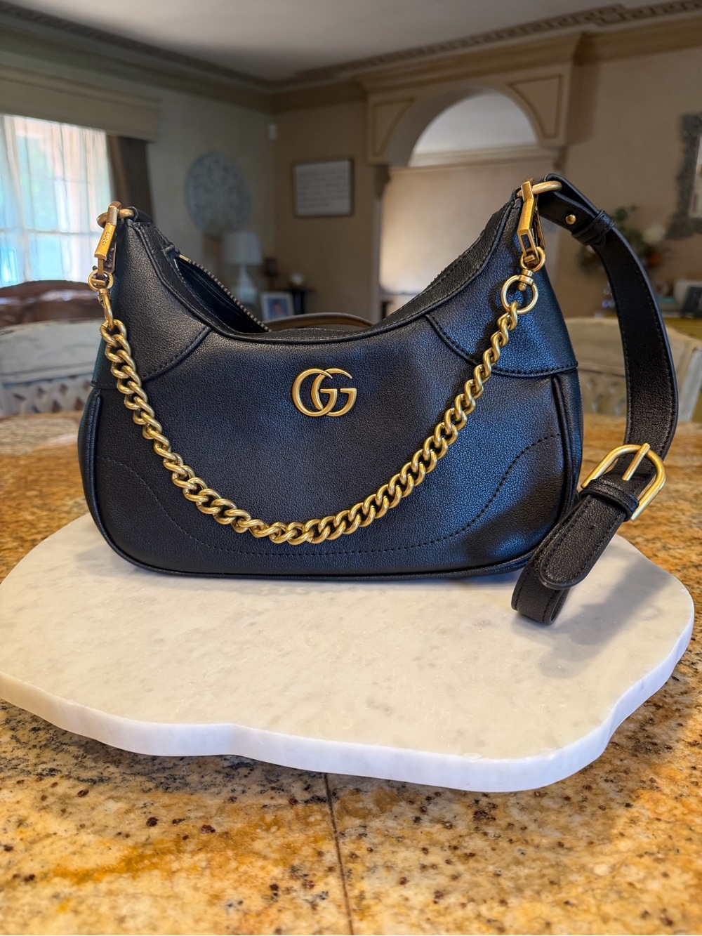 Gucci Black Leather Crossbody with Gold Chain